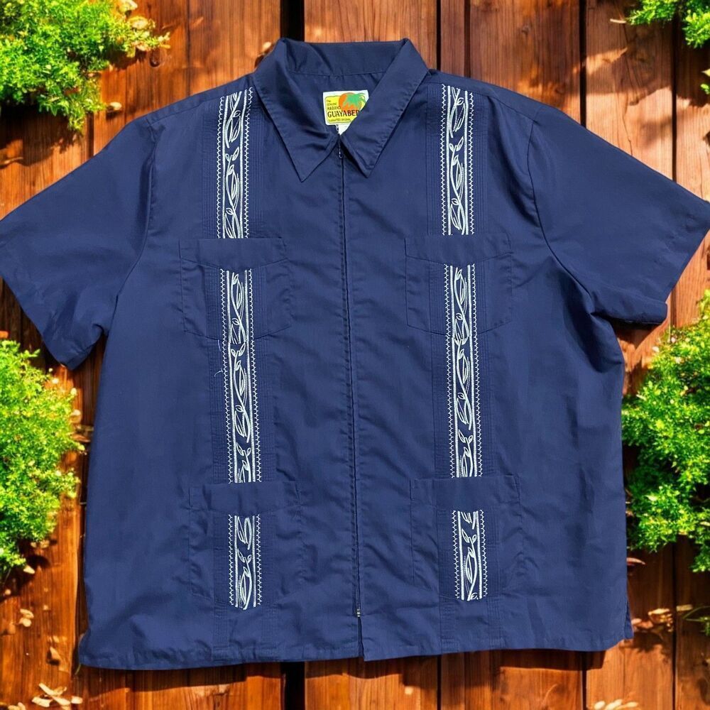 Haband Guayabera Vintage Quad Pocket Zip Casual Navy Shirt Men's Size 3XL